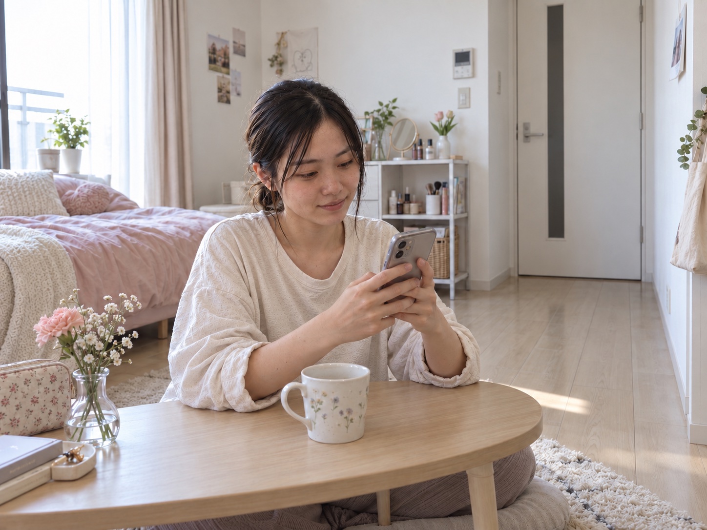 明るい一人暮らしの部屋からLINEで相談する応募者のイメージ