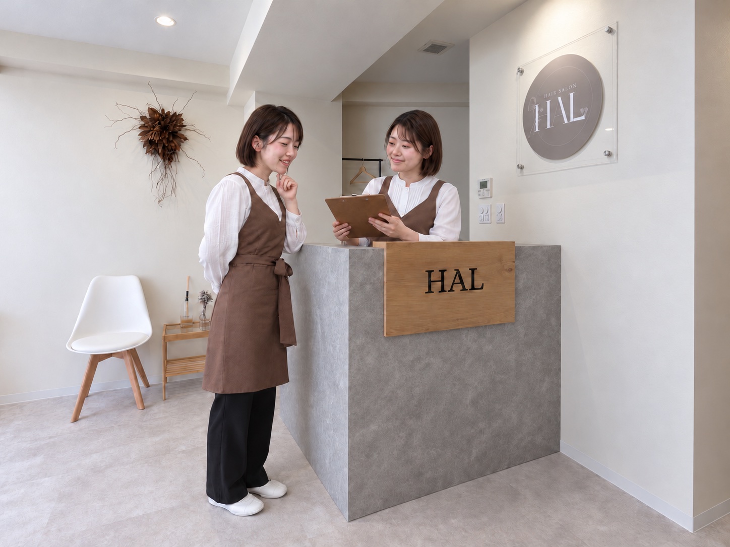 本店の受付でスタッフ2人が資料を確認するイメージ